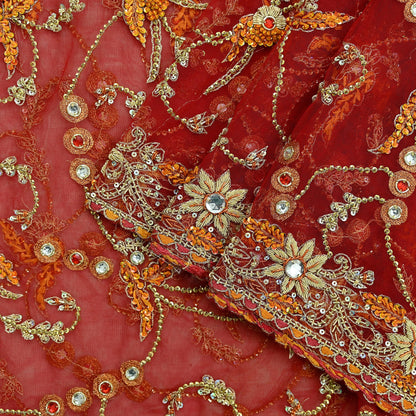 Indian Vintage Heavy Wedding Red Dupatta Net Mesh Long Stole Hand Embroidered Scarves Golden Zardozi Dabka Zari Bridal Veil