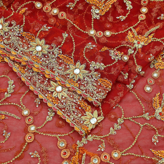 Indian Vintage Heavy Wedding Red Dupatta Net Mesh Long Stole Hand Embroidered Scarves Golden Zardozi Dabka Zari Bridal Veil