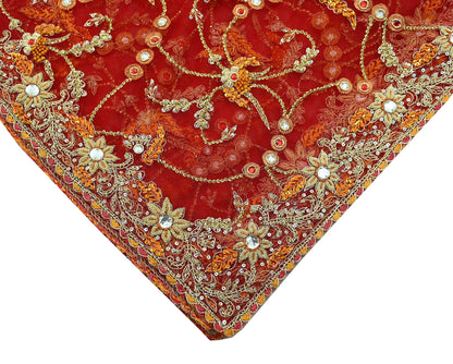 Indian Vintage Heavy Wedding Red Dupatta Net Mesh Long Stole Hand Embroidered Scarves Golden Zardozi Dabka Zari Bridal Veil
