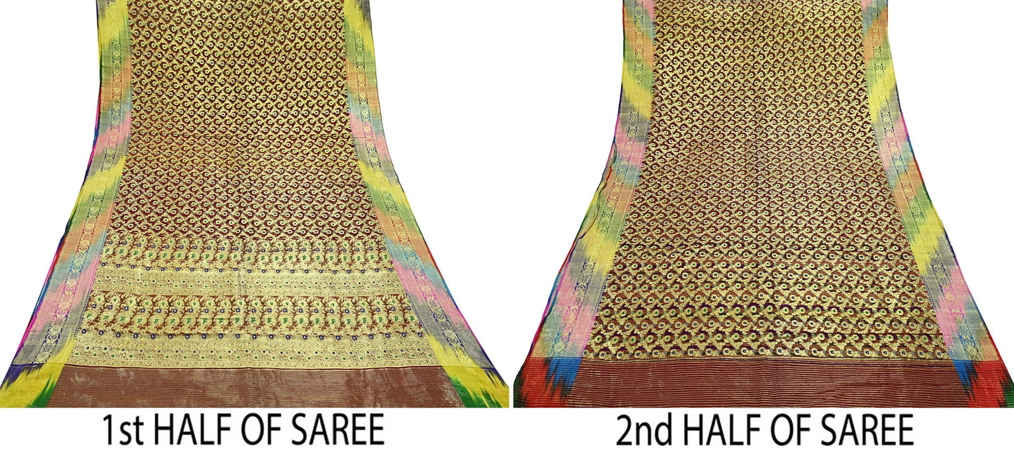 Indian Vintage Sari Heavy Maroon Pure Organza Silk Woven Brocade Banarasi Sarees Zari 5Yd Ethnic Fabric Dress Making Wedding Sarees