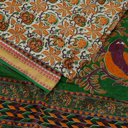 Indian Vintage Sari Green & Ivory Printed Pure Cotton Sarees 5Yd Craft Fabric Soft Sewing Sarong Wrap Boho Upcycle quilting Dress making