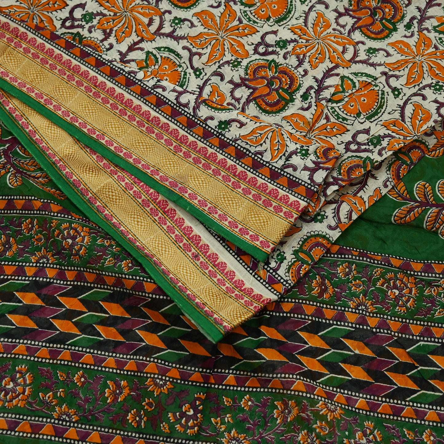 Indian Vintage Sari Green & Ivory Printed Pure Cotton Sarees 5Yd Craft Fabric Soft Sewing Sarong Wrap Boho Upcycle quilting Dress making