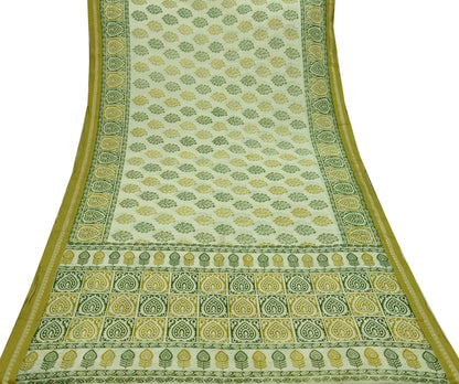 Indian Vintage Sari Ivory Printed Blend Cotton Saree Craft Fabric 5Yd Sewing Sarong Wrap Boho Floral Dress making Crafting