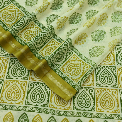 Indian Vintage Sari Ivory Printed Blend Cotton Saree Craft Fabric 5Yd Sewing Sarong Wrap Boho Floral Dress making Crafting