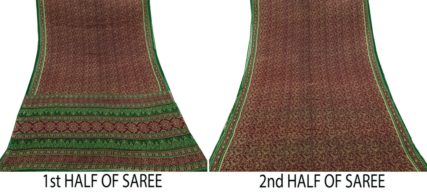 Indian Vintage Green & Maroon Saree Printed Pure Cotton Sari Craft Fabric Soft 5Yd Sewing Sarong Wrap Boho Floral Dress making Crafting