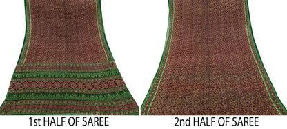 Indian Vintage Green & Maroon Saree Printed Pure Cotton Sari Craft Fabric Soft 5Yd Sewing Sarong Wrap Boho Floral Dress making Crafting