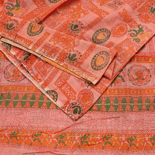 Indian Vintage Sari Orange 100% Pure Silk Printed Saree Craft Fabric 5yd Sewing Dress Making Soft Wrap Floral Quilting Crafting Upcycle