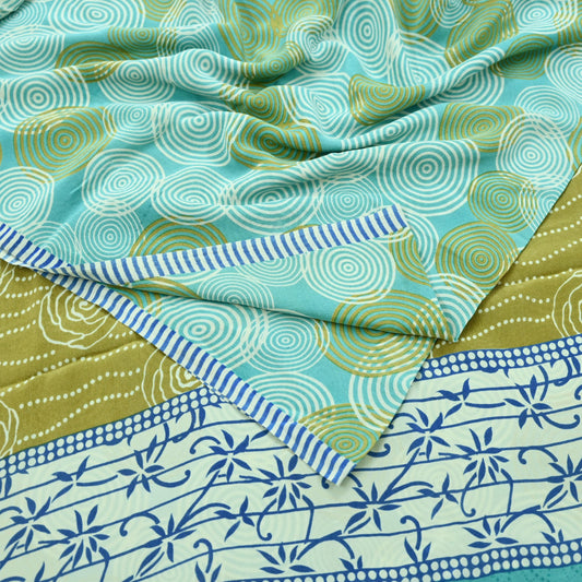 Indian Vintage Sari Ivory & Green Pure Crepe Silk Printed Saree 5yd Sewing Floral Soft Craft Fabric Wrap Dress making Crafting Quilting
