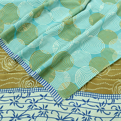 Indian Vintage Sari Ivory & Green Pure Crepe Silk Printed Saree 5yd Sewing Floral Soft Craft Fabric Wrap Dress making Crafting Quilting