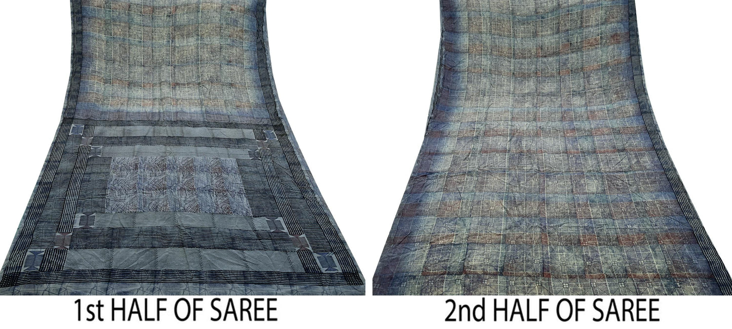 Indian Vintage Gray & Ivory Saree Pure Crepe Silk Printed Sari Craft Fabric 5yd Sewing Soft Wrap Dress making Crafting Quilting