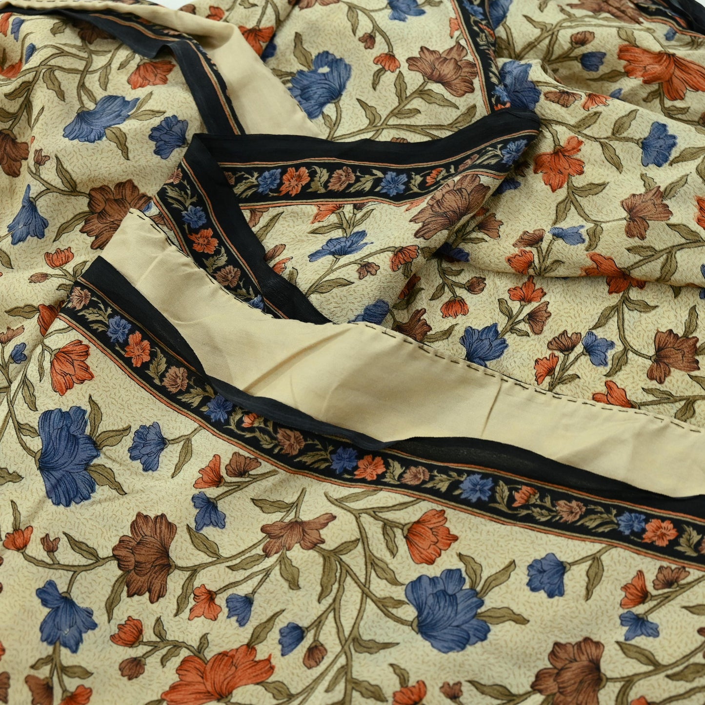 Indian Vintage Beige & Black Saree Pure Crepe Silk Printed Sari Craft Fabric 5yd Sewing Floral Soft Wrap Dress making Crafting Quilting