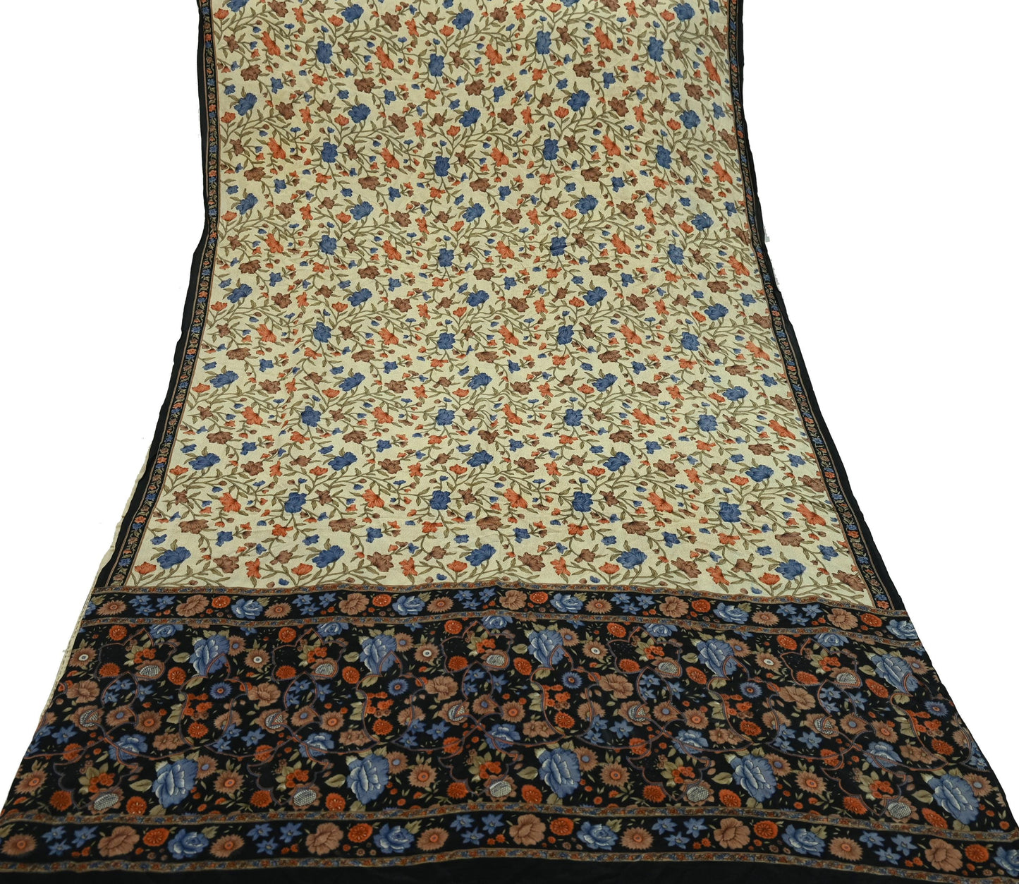 Indian Vintage Beige & Black Saree Pure Crepe Silk Printed Sari Craft Fabric 5yd Sewing Floral Soft Wrap Dress making Crafting Quilting