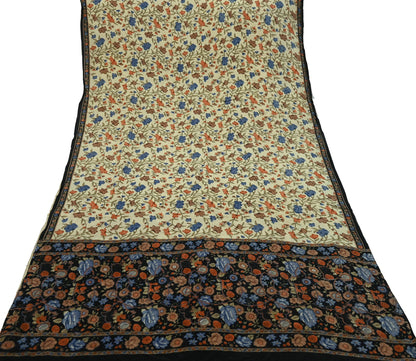 Indian Vintage Beige & Black Saree Pure Crepe Silk Printed Sari Craft Fabric 5yd Sewing Floral Soft Wrap Dress making Crafting Quilting