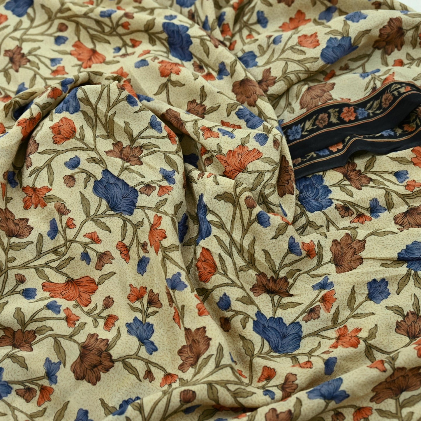 Indian Vintage Beige & Black Saree Pure Crepe Silk Printed Sari Craft Fabric 5yd Sewing Floral Soft Wrap Dress making Crafting Quilting