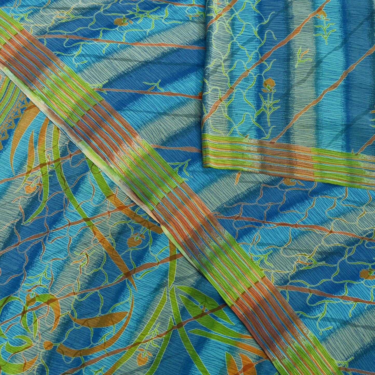 Indian Vintage Blue Saree Pure Crepe Silk Printed Sari 5yd Sewing Abstract Soft Craft Fabric Wrap Dress making Crafting Quilting Upcycle