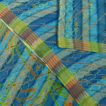Indian Vintage Blue Saree Pure Crepe Silk Printed Sari 5yd Sewing Abstract Soft Craft Fabric Wrap Dress making Crafting Quilting Upcycle