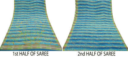 Indian Vintage Blue Saree Pure Crepe Silk Printed Sari 5yd Sewing Abstract Soft Craft Fabric Wrap Dress making Crafting Quilting Upcycle