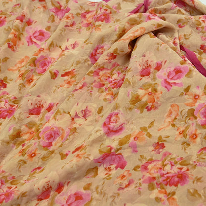 Indian Vintage Sari Beige Pure Crepe Silk Printed Sarees 5yd Sewing Floral Soft Craft Fabric Wrap Dress making Crafting Quilting Used