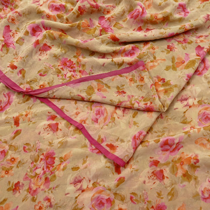 Indian Vintage Sari Beige Pure Crepe Silk Printed Sarees 5yd Sewing Floral Soft Craft Fabric Wrap Dress making Crafting Quilting Used