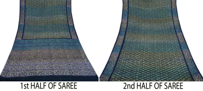 Indian Vintage Blue Saree Pure Crepe Silk Printed Sari 5yd Sewing Floral Soft Craft Fabric Wrap Dress making Crafting Quilting Upcycle