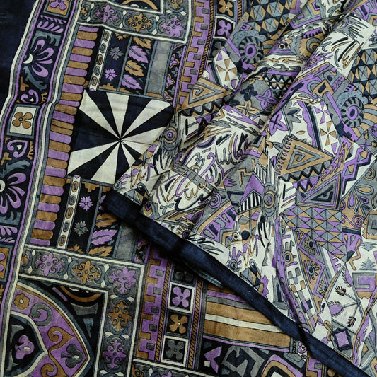 Indian Vintage Sari Gray 100% Pure Silk Printed Saree Craft Fabric 5yd Sewing DressMaking  Soft Abstract Crafting Quilting Upcycle Used