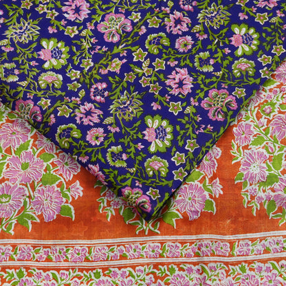 Indian Vintage Sari Orange & Purple Printed 100% Pure Silk Sarees Craft Fabric 5yd Sewing Dress Making Soft Wrap Quilting Crafting Upcycle