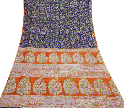 Indian Vintage Sari Orange & Purple Printed 100% Pure Silk Sarees Craft Fabric 5yd Sewing Dress Making Soft Wrap Quilting Crafting Upcycle