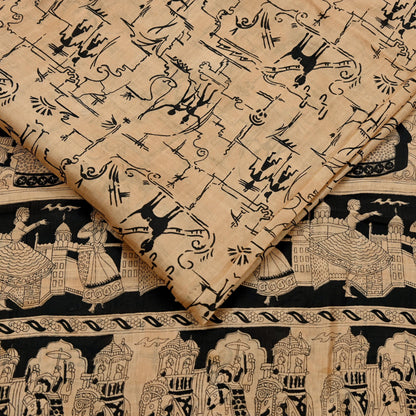 Indian Vintage Sari Black & Beige Pure Silk Printed Sarees Craft Fabric 6yd Sewing Dress Making Humans Elephants Quilting Upcycle Crafting