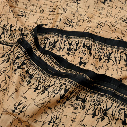 Indian Vintage Sari Black & Beige Pure Silk Printed Sarees Craft Fabric 6yd Sewing Dress Making Humans Elephants Quilting Upcycle Crafting