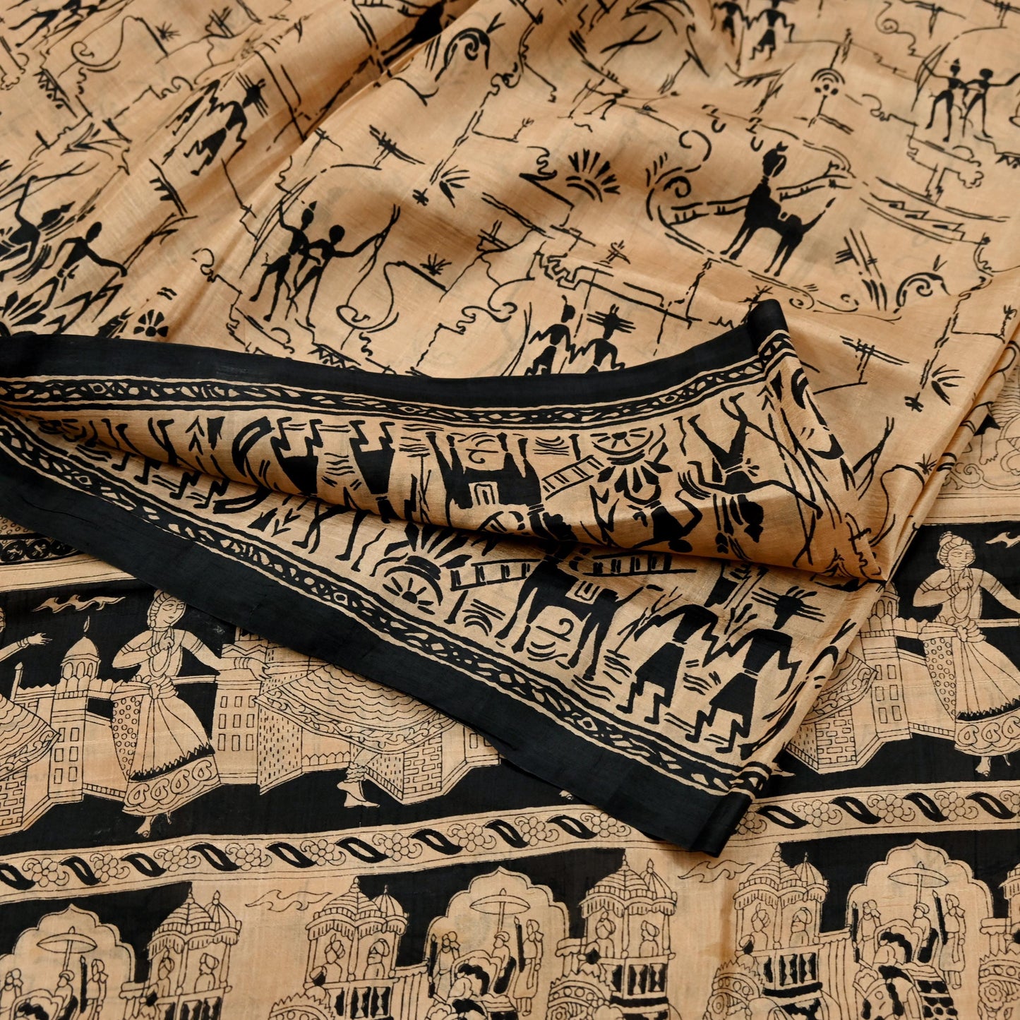 Indian Vintage Sari Black & Beige Pure Silk Printed Sarees Craft Fabric 6yd Sewing Dress Making Humans Elephants Quilting Upcycle Crafting
