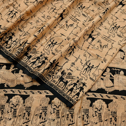 Indian Vintage Sari Black & Beige Pure Silk Printed Sarees Craft Fabric 6yd Sewing Dress Making Humans Elephants Quilting Upcycle Crafting