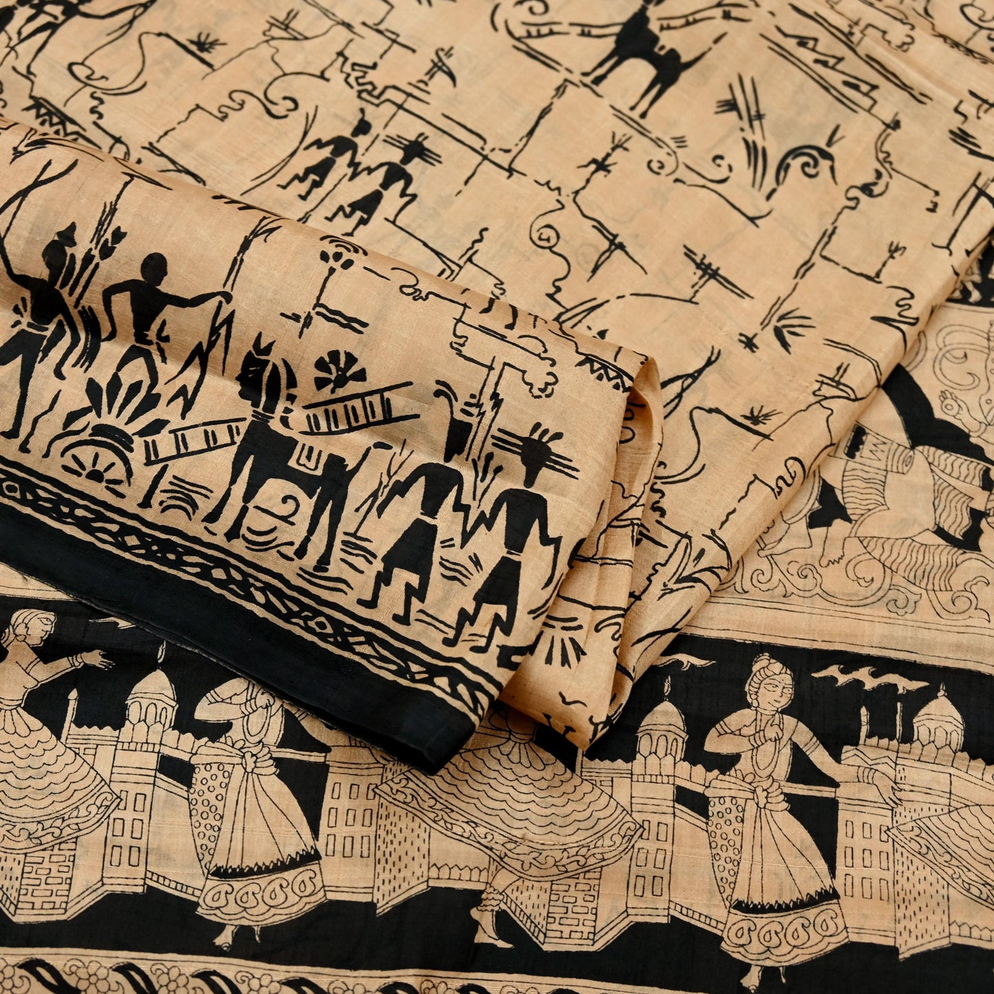 Indian Vintage Sari Black & Beige Pure Silk Printed Sarees Craft Fabric 6yd Sewing Dress Making Humans Elephants Quilting Upcycle Crafting