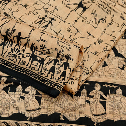 Indian Vintage Sari Black & Beige Pure Silk Printed Sarees Craft Fabric 6yd Sewing Dress Making Humans Elephants Quilting Upcycle Crafting