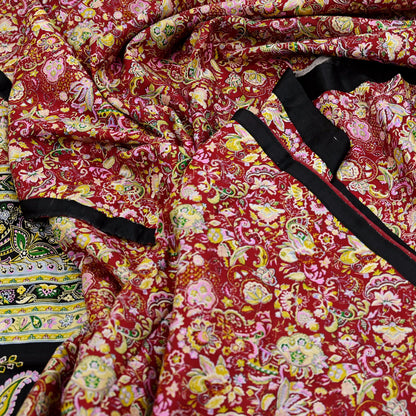 Indian Vintage Sari Black & Red Pure Silk Printed Sarees 5yd Sewing Craft Fabric Dress Making Soft Quilting Crafting Upcycle Used Floral