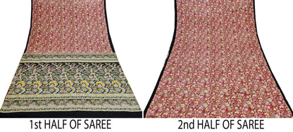 Indian Vintage Sari Black & Red Pure Silk Printed Sarees 5yd Sewing Craft Fabric Dress Making Soft Quilting Crafting Upcycle Used Floral