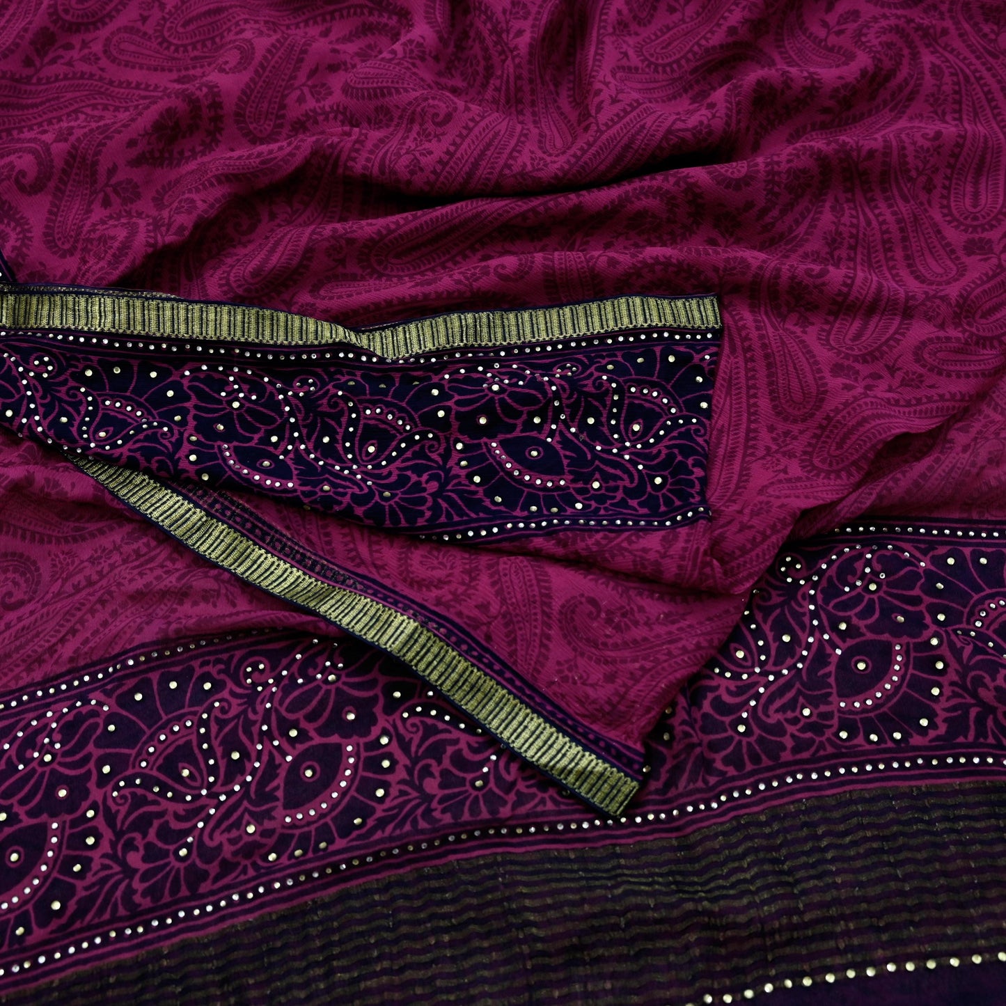 Indian Vintage Sari Blue & Pink Pure Chiffon Silk Printed Sarees Craft Fabric Sewing 5Yd Soft Light Sari Dress Making Zari Border Quilting