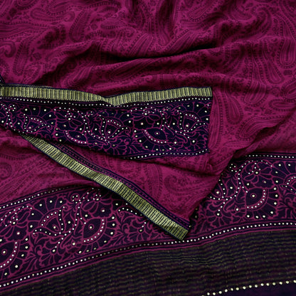 Indian Vintage Sari Blue & Pink Pure Chiffon Silk Printed Sarees Craft Fabric Sewing 5Yd Soft Light Sari Dress Making Zari Border Quilting