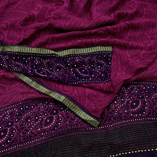 Indian Vintage Sari Blue & Pink Pure Chiffon Silk Printed Sarees Craft Fabric Sewing 5Yd Soft Light Sari Dress Making Zari Border Quilting