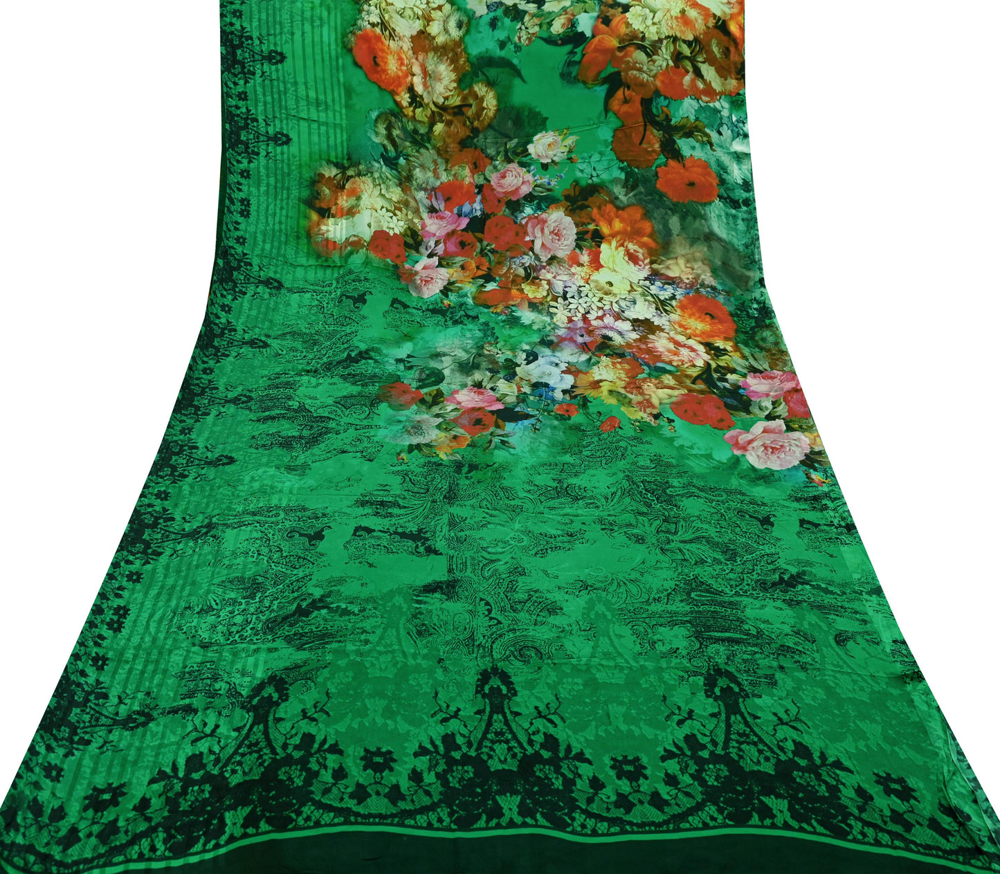 Indian Vintage Green & Black Saree Pure Georgette Silk Digital Printed Sari Sewing 5yd Craft Fabric Soft Floral Crafting Dress Making