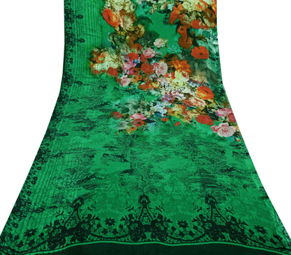 Indian Vintage Green & Black Saree Pure Georgette Silk Digital Printed Sari Sewing 5yd Craft Fabric Soft Floral Crafting Dress Making