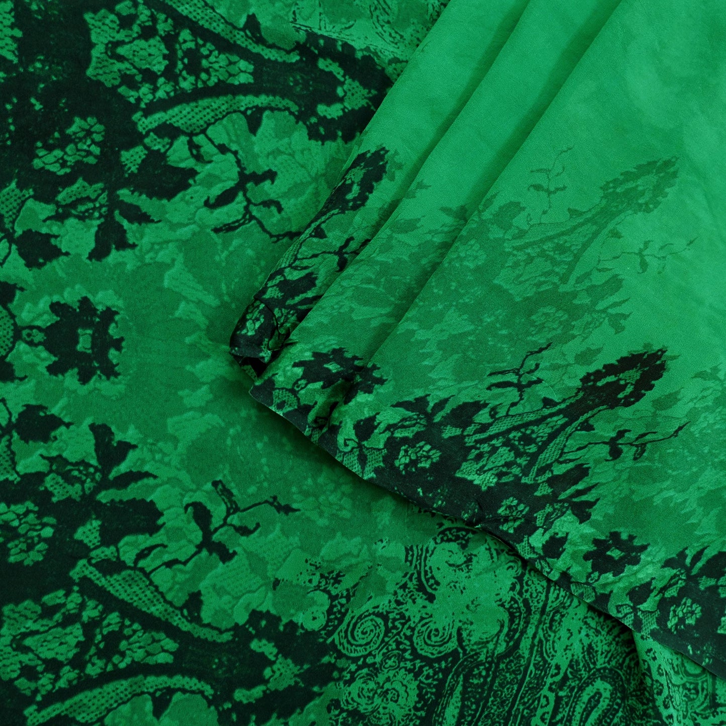 Indian Vintage Green & Black Saree Pure Georgette Silk Digital Printed Sari Sewing 5yd Craft Fabric Soft Floral Crafting Dress Making
