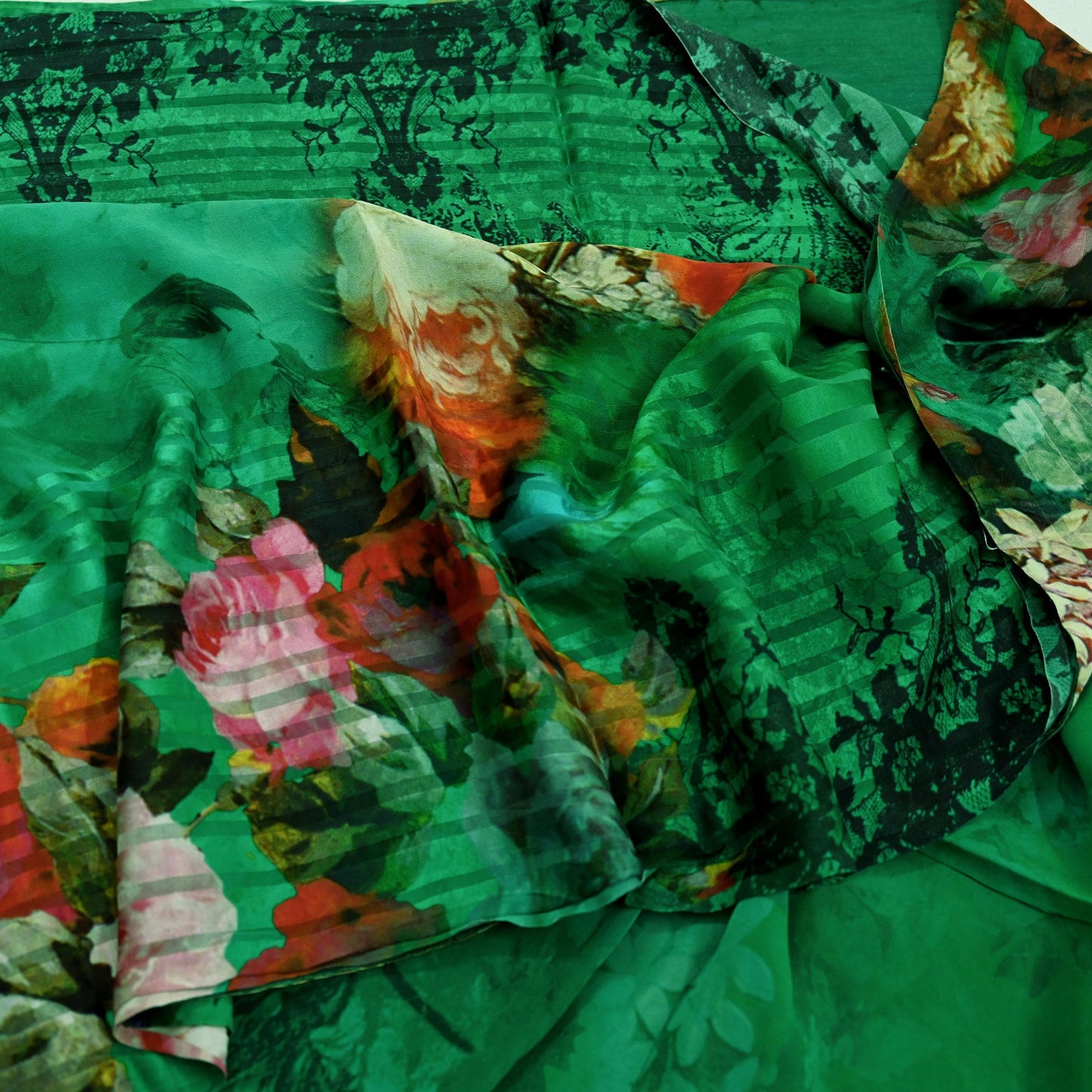 Indian Vintage Green & Black Saree Pure Georgette Silk Digital Printed Sari Sewing 5yd Craft Fabric Soft Floral Crafting Dress Making