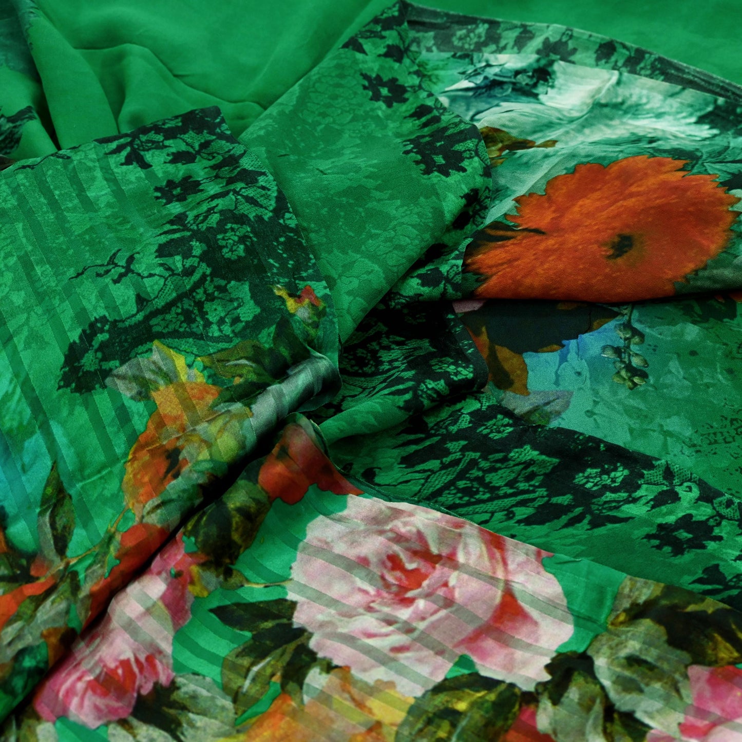 Indian Vintage Green & Black Saree Pure Georgette Silk Digital Printed Sari Sewing 5yd Craft Fabric Soft Floral Crafting Dress Making