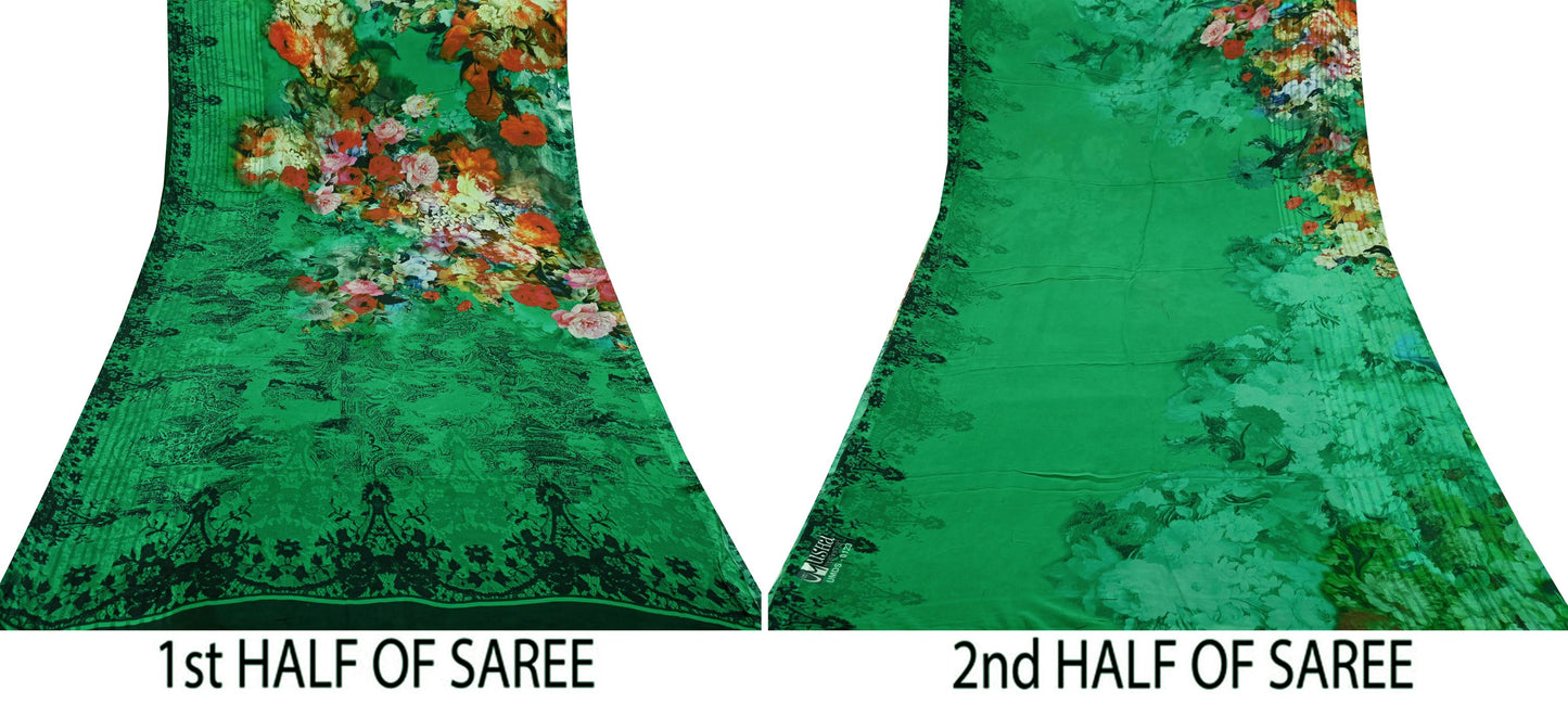 Indian Vintage Green & Black Saree Pure Georgette Silk Digital Printed Sari Sewing 5yd Craft Fabric Soft Floral Crafting Dress Making