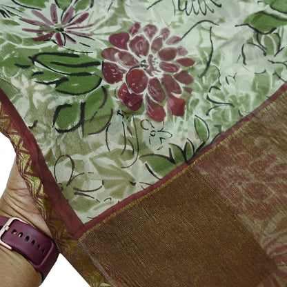 Indian Vintage Sari Green & Ivory Pure Chiffon Silk Printed Sarees 5Yd Craft Fabric Sewing Soft Light Sari Dress Making Upcycle Quilting