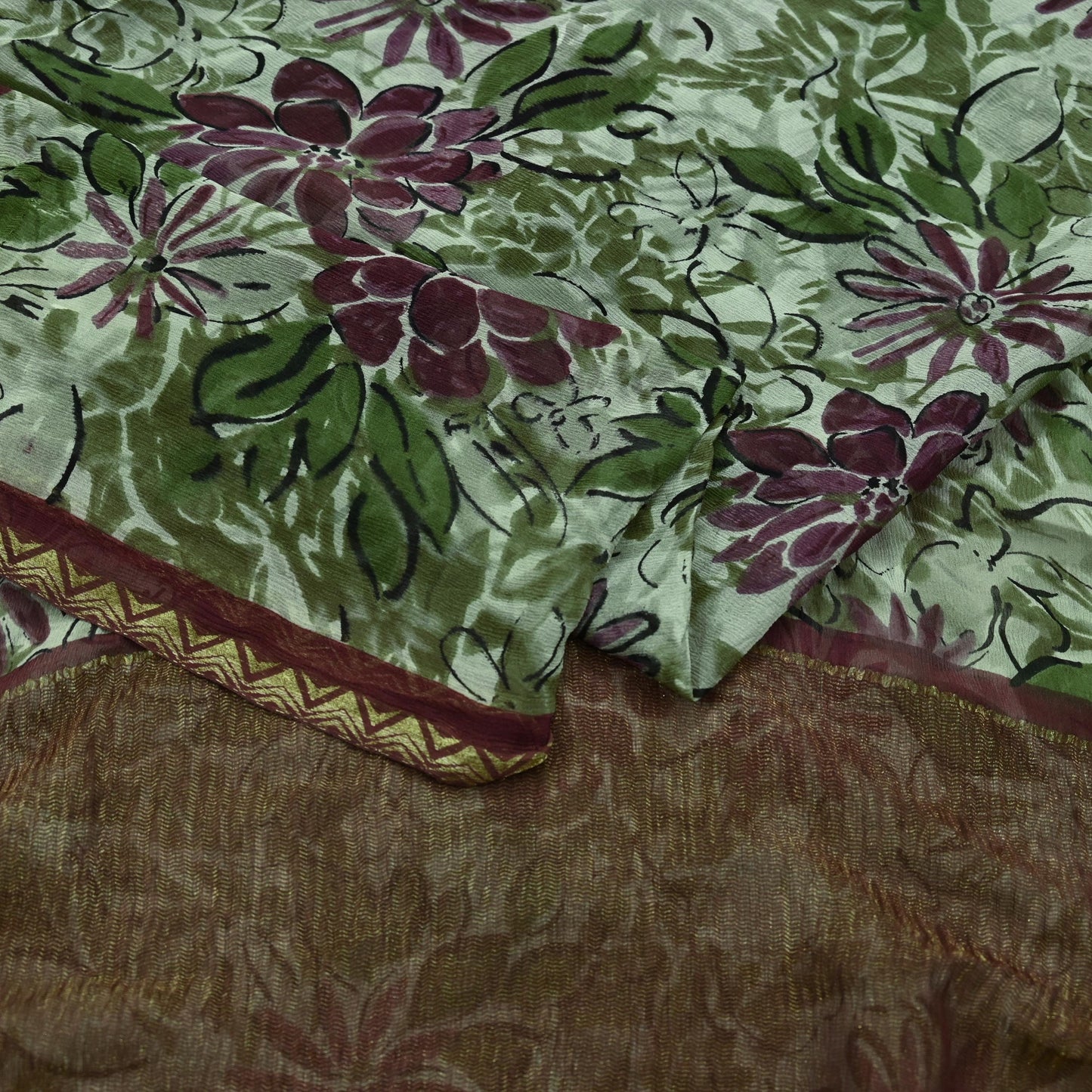 Indian Vintage Sari Green & Ivory Pure Chiffon Silk Printed Sarees 5Yd Craft Fabric Sewing Soft Light Sari Dress Making Upcycle Quilting