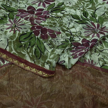 Indian Vintage Sari Green & Ivory Pure Chiffon Silk Printed Sarees 5Yd Craft Fabric Sewing Soft Light Sari Dress Making Upcycle Quilting