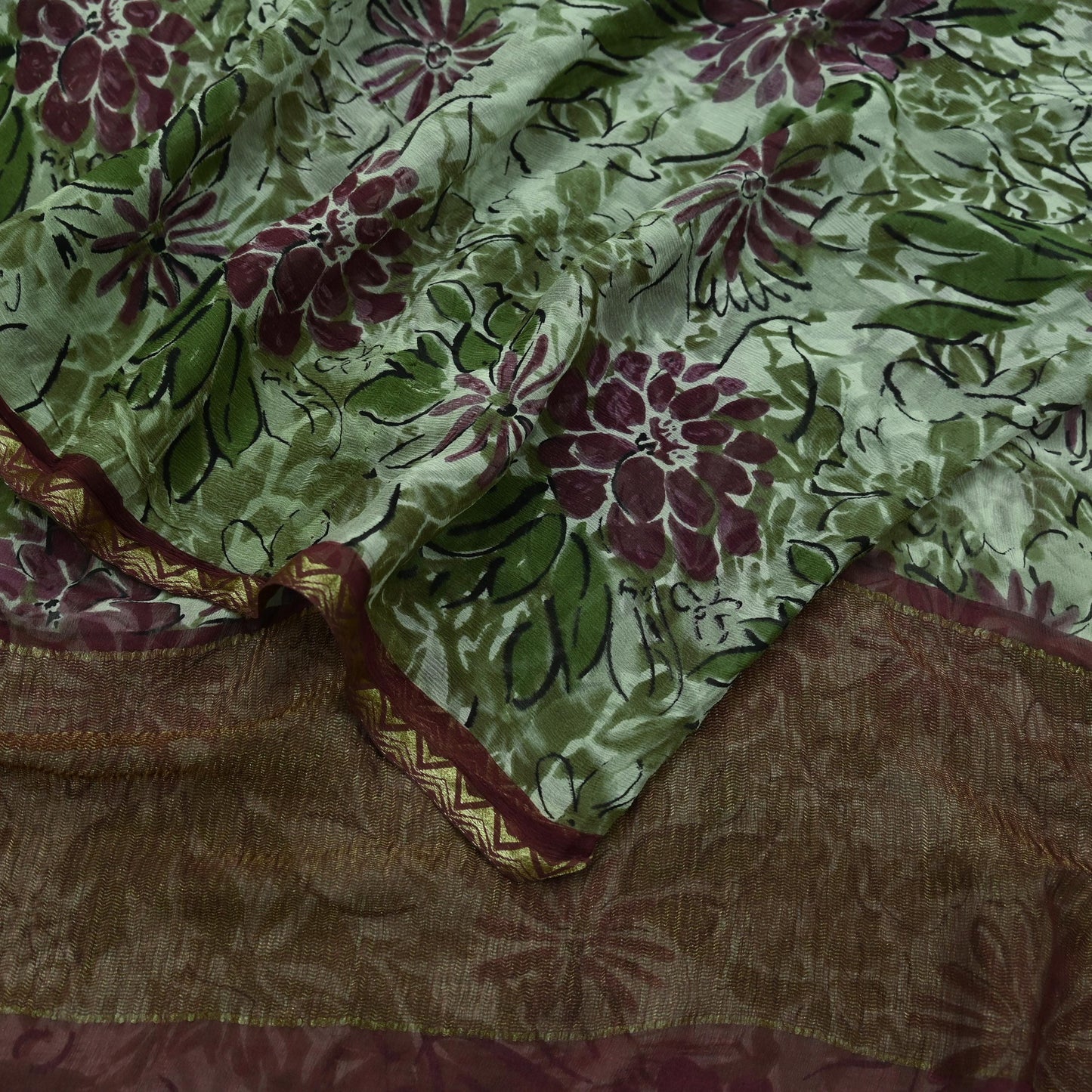 Indian Vintage Sari Green & Ivory Pure Chiffon Silk Printed Sarees 5Yd Craft Fabric Sewing Soft Light Sari Dress Making Upcycle Quilting