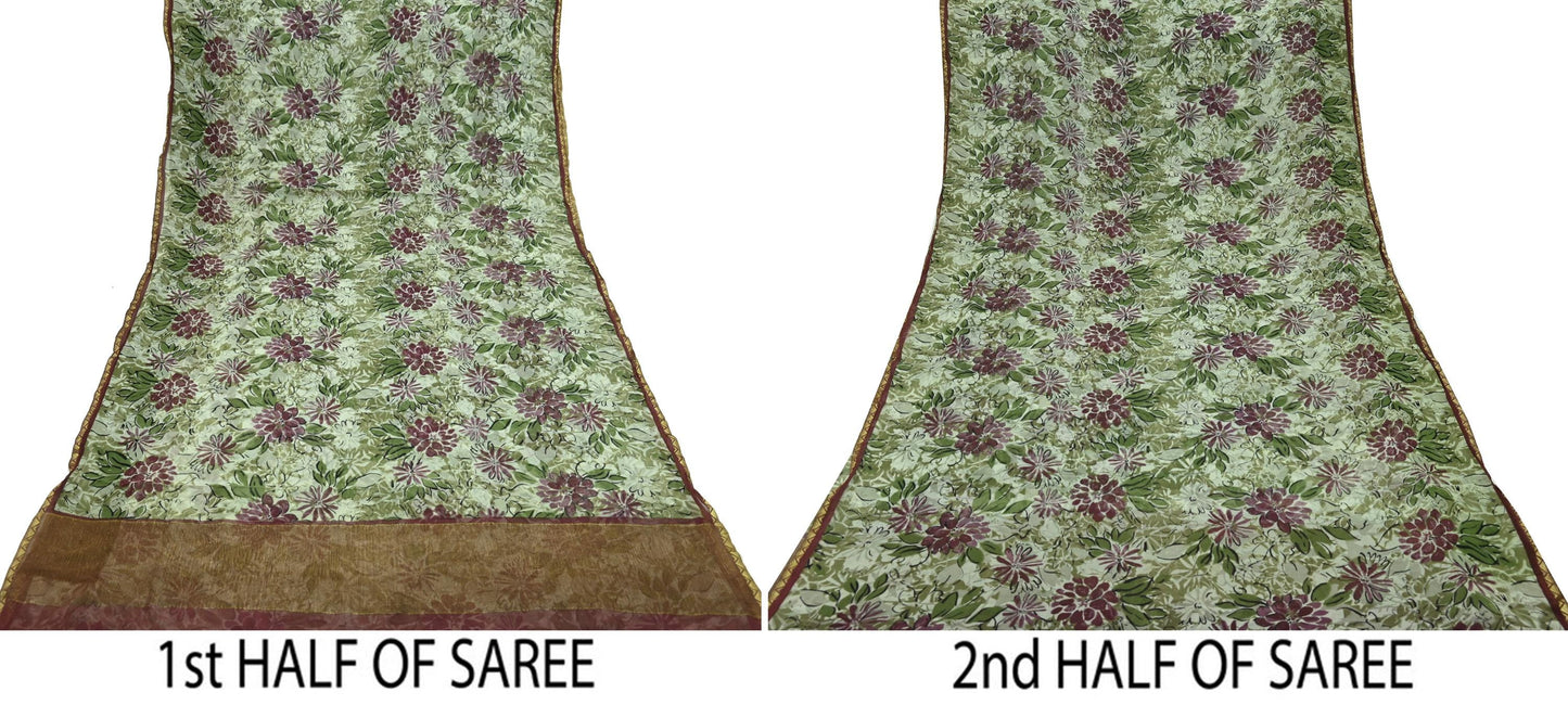 Indian Vintage Sari Green & Ivory Pure Chiffon Silk Printed Sarees 5Yd Craft Fabric Sewing Soft Light Sari Dress Making Upcycle Quilting