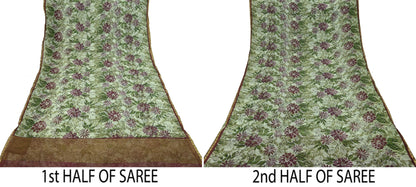 Indian Vintage Sari Green & Ivory Pure Chiffon Silk Printed Sarees 5Yd Craft Fabric Sewing Soft Light Sari Dress Making Upcycle Quilting